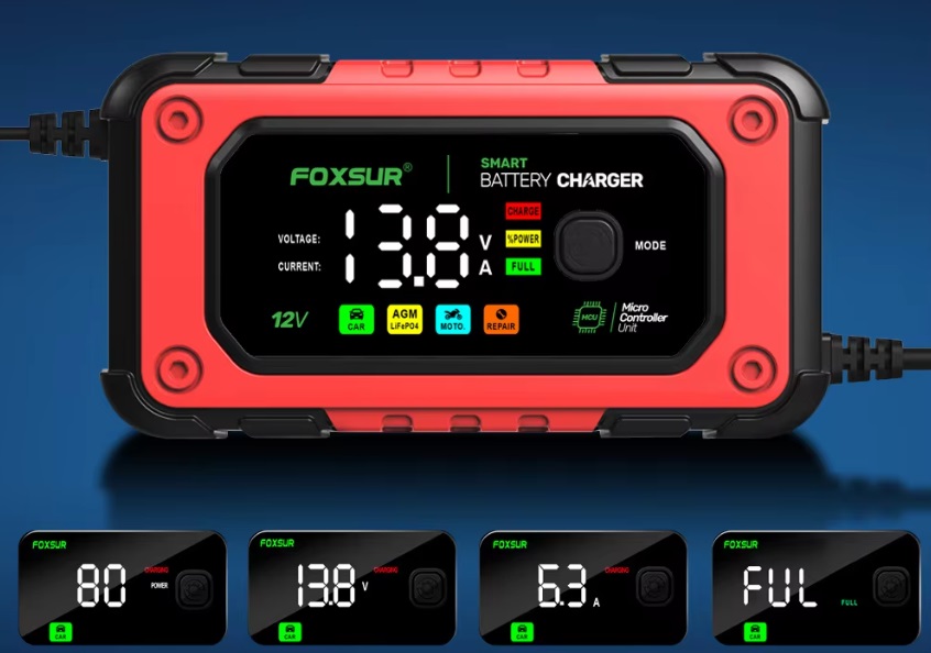 Nabíječka mikroprocesor 7A 12V PB/GEL/AGM/LiFePO4 LCD displej, černo-červená, max. kapacita 150Ah