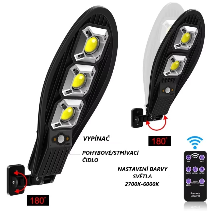 Venkovní solární LED světlo s pohybovým senzorem 300W, baterie 3700mAh
