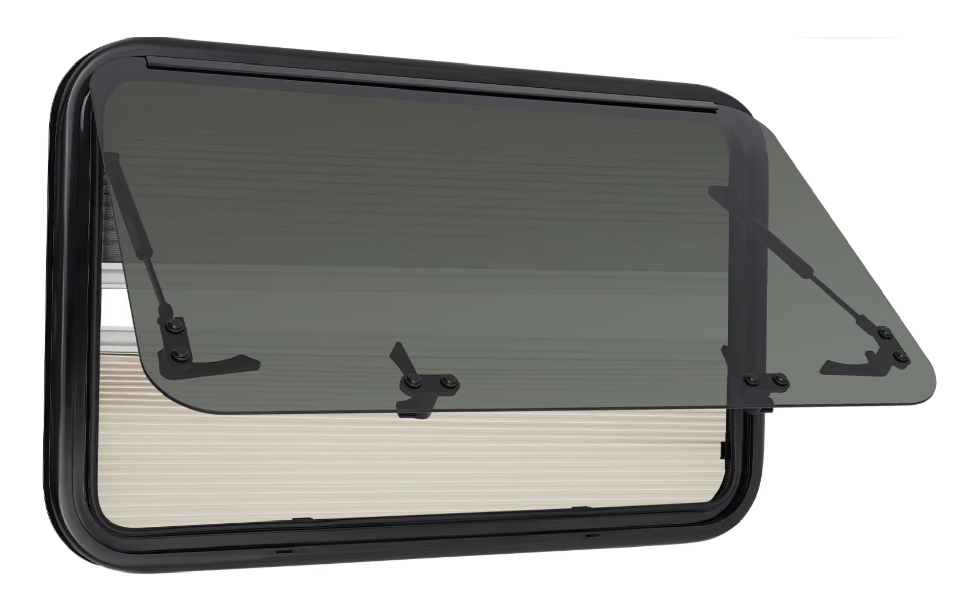 RV Camper Boční okno s tvrzeným sklem s výklopným systémem, zaoblené, roletka, moskytiéra a vnitřní rámeček, vnější barva černá, rozměr 800x500mm