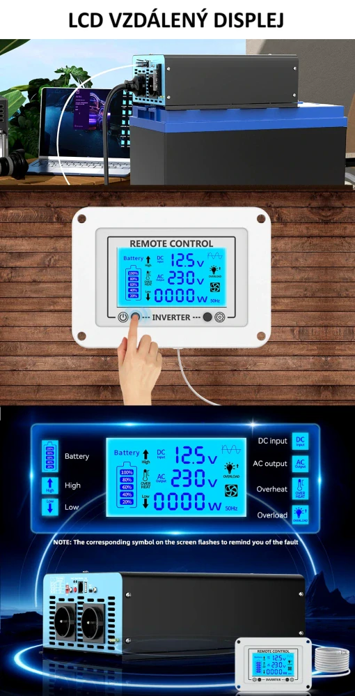 Měnič napětí z 12/230V 2000W, porty USB, PD 30W,  vzdálený kontrolní panel, čistý sinus