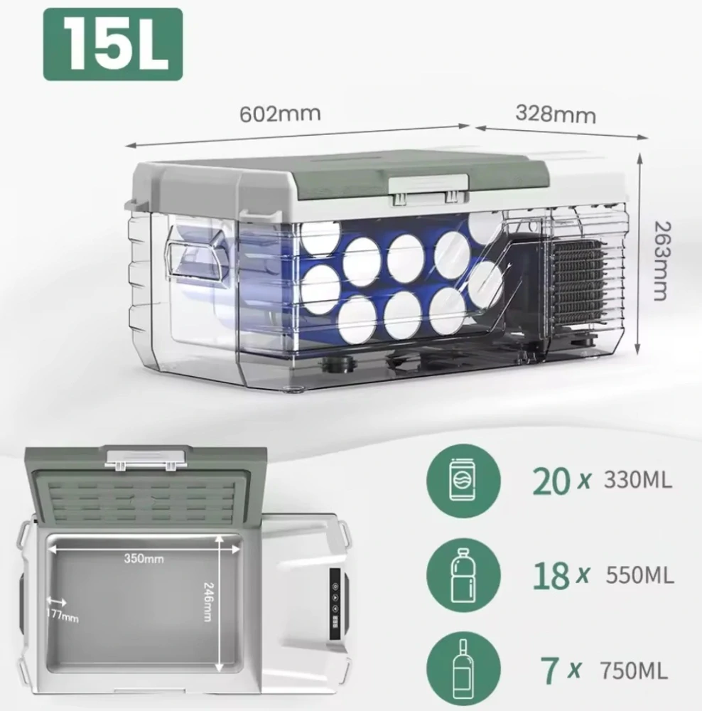 Autochladnička kompresorová Alpicool, autolednice, objem 15l, napájení 12V, 24V nebo 230V, LCD displej