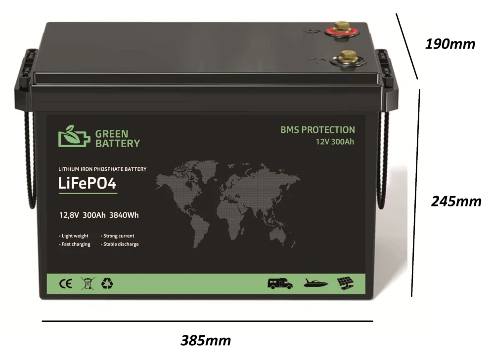 Baterie LiFePO4 12,8V 300Ah, 3840Wh, BMS, Lithium-železo-fosfátová baterie, nabíječka 7A součástí balení, LCD ukazatel stavu baterie