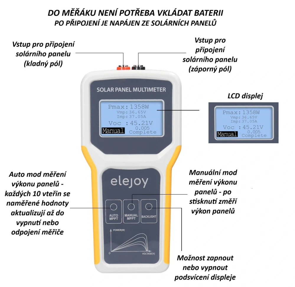 Solární multimetr, měřák výkonu solárních panelů, rozsah měření 5-800W, 0-35A, 12-60V