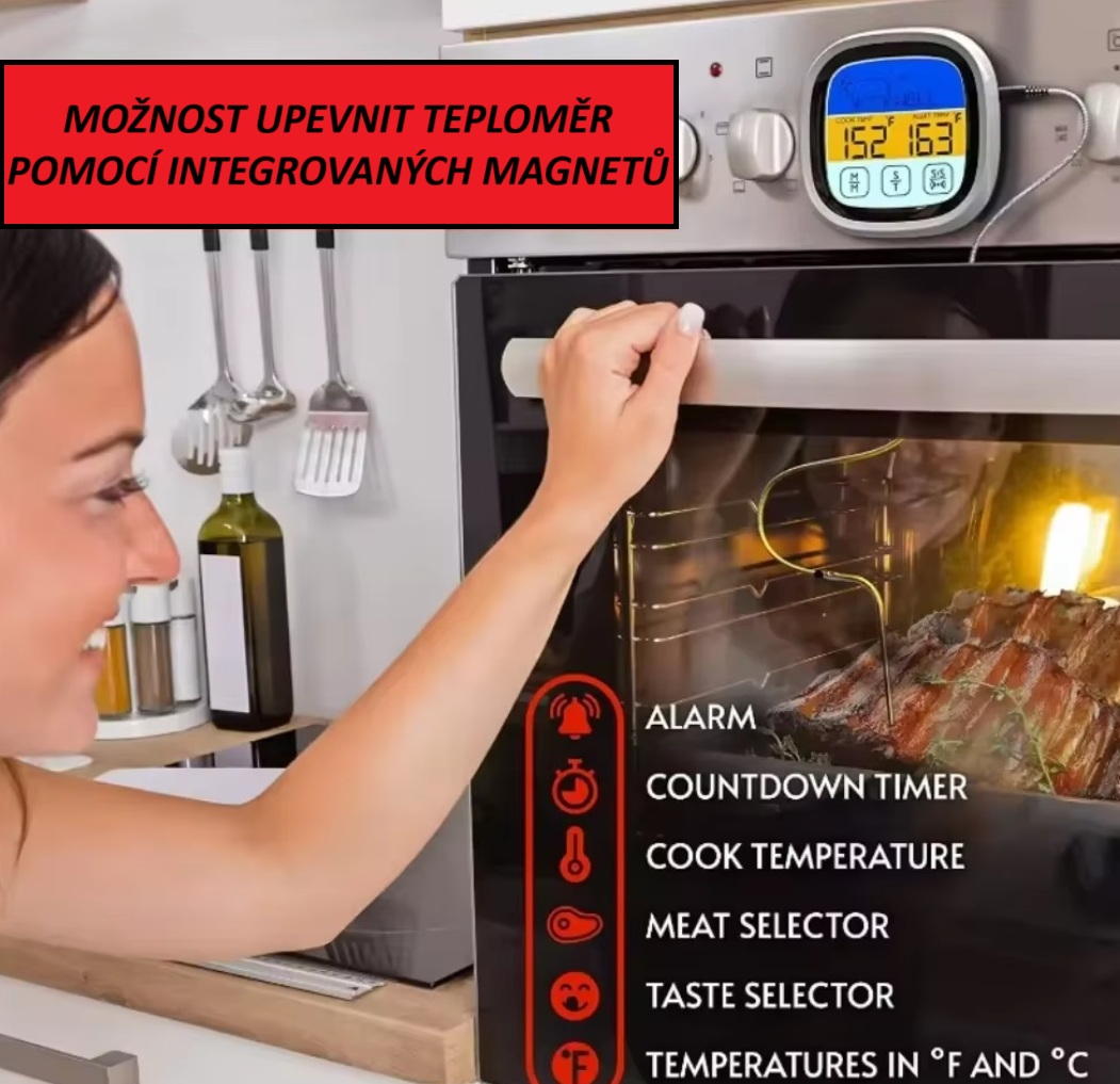  Grilovací kuchyňský teploměr digitální s dotykovým displejem a magnety na zadní straně, délka externí sondy 170mm