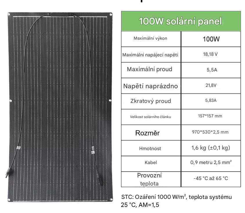 Flexibilní solární panel tmavý 100Wp, 18V, 5,5A s hrubým bodovým povrchem pro vyšší účinnost, rozměr 1050 x 540mm