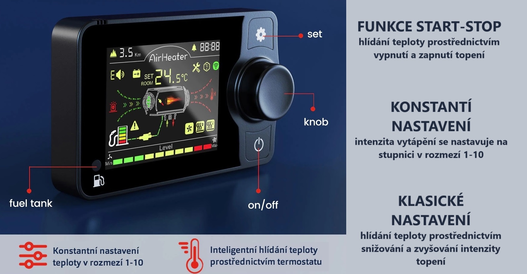 XL-AIRD Nezávislé topení 2kW včetně instalační sady, nová verze displeje, 1 výduch, 12V nebo 24V automatická volba, Bluetooth aplikace