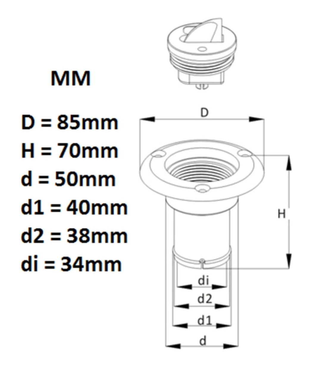 Seaflo nálevka s červeným víčkem s nápisem fuel pro hadice 38-40mm, bílá