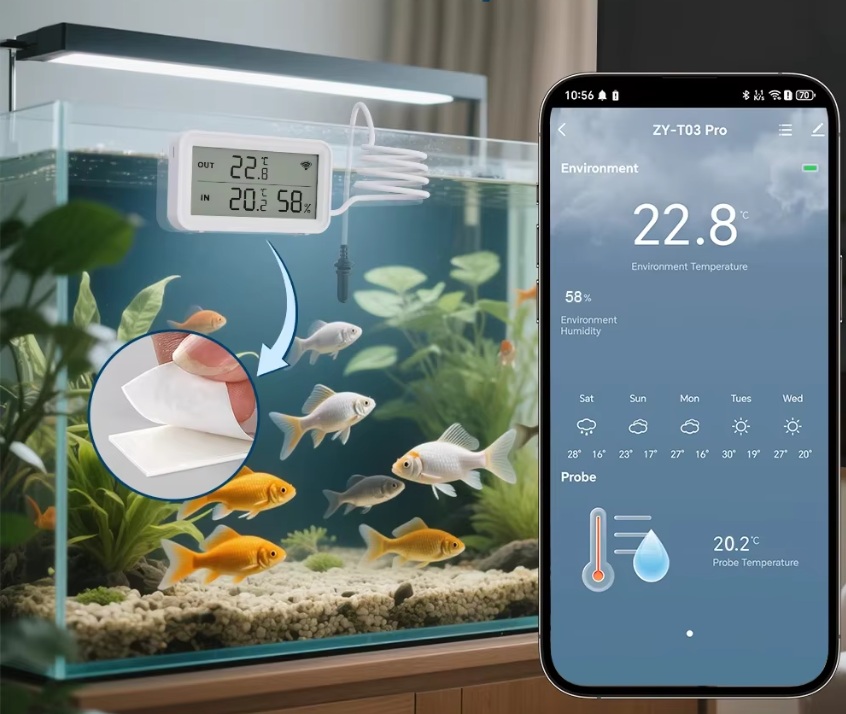 Wifi smart teplotní senzor s měřením vlhkosti s digitálním displejem a vzdáleným kabelovým senzorem 1m, rozsah měření -40°C - 120°C, Tuya/Smart Life
