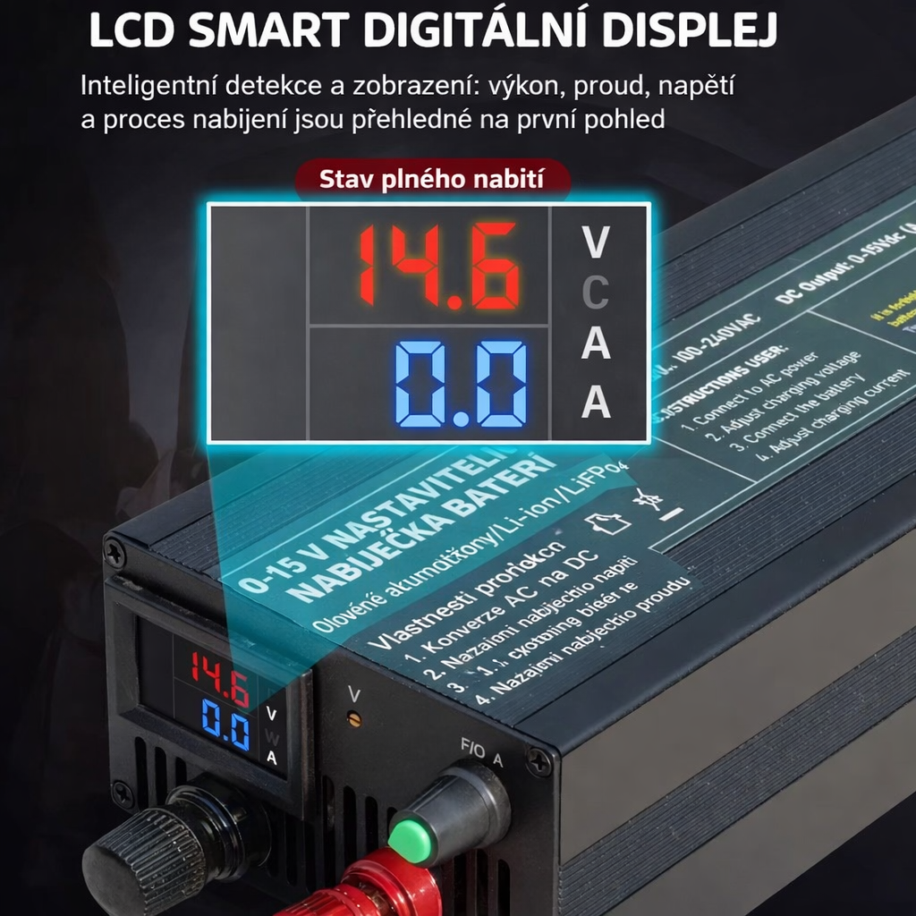 Universální nabíječka pro všechny typy baterií do 12V (0-15V), 60A (0-60A) plně nastavitelný nabíjecí proud a napětí