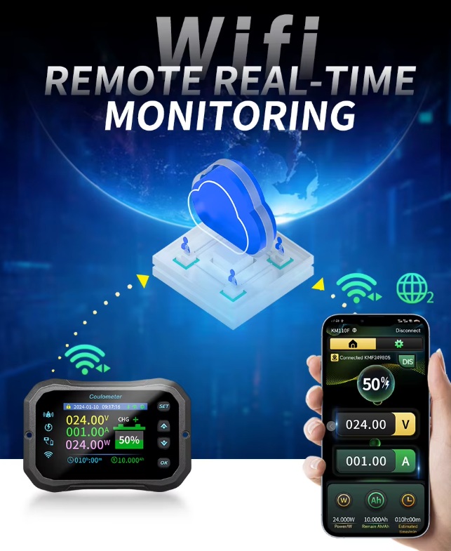 JT WIFI Sledovač stavu baterie a odpojovač pro baterie s napětím od 9 do 120V, proudová zátěž max. 100A, možnost sledování prostřednictvím wifi  i bluetooth v mobilním telefonu