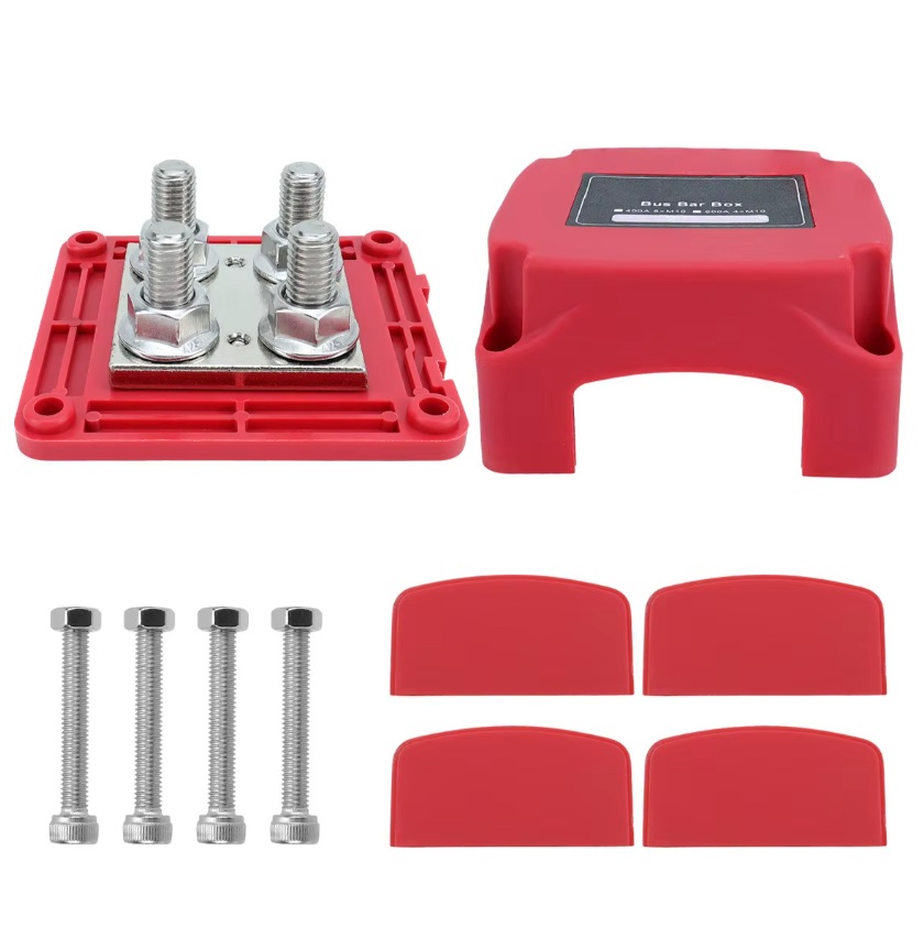 Propojovací termínál 4x M10 silová sběrnice (Bus Bar) 400 A / 48 V – rozvodný blok z pocínované mědi - červený