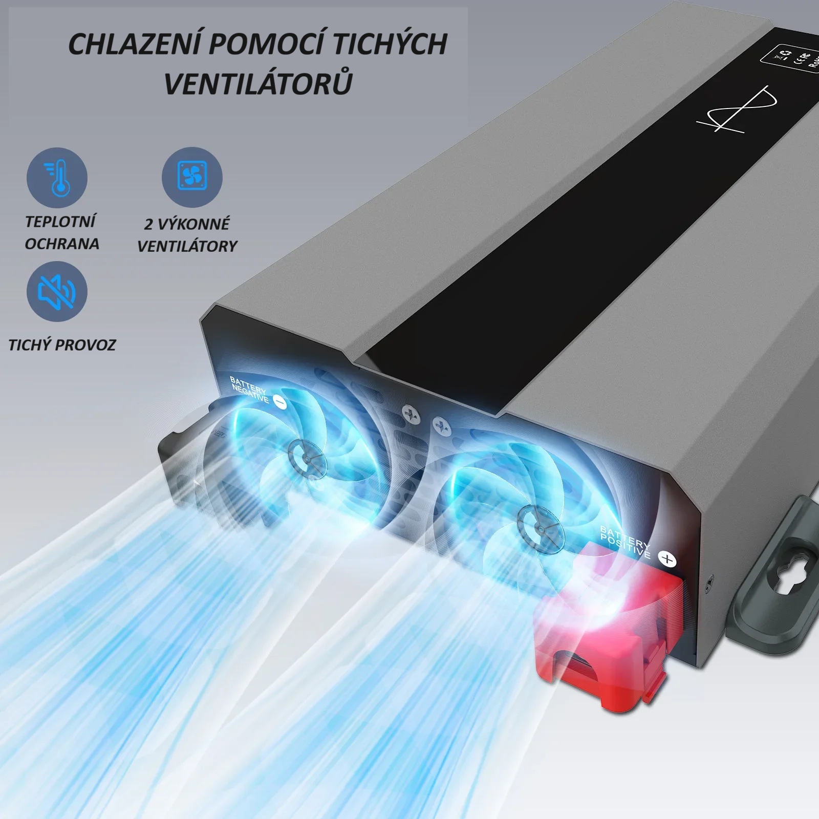 Měnič napětí z 12/230V 1500W, porty USB, PD 30W,  vzdálený vypínač, čistý sinus, stříbrný