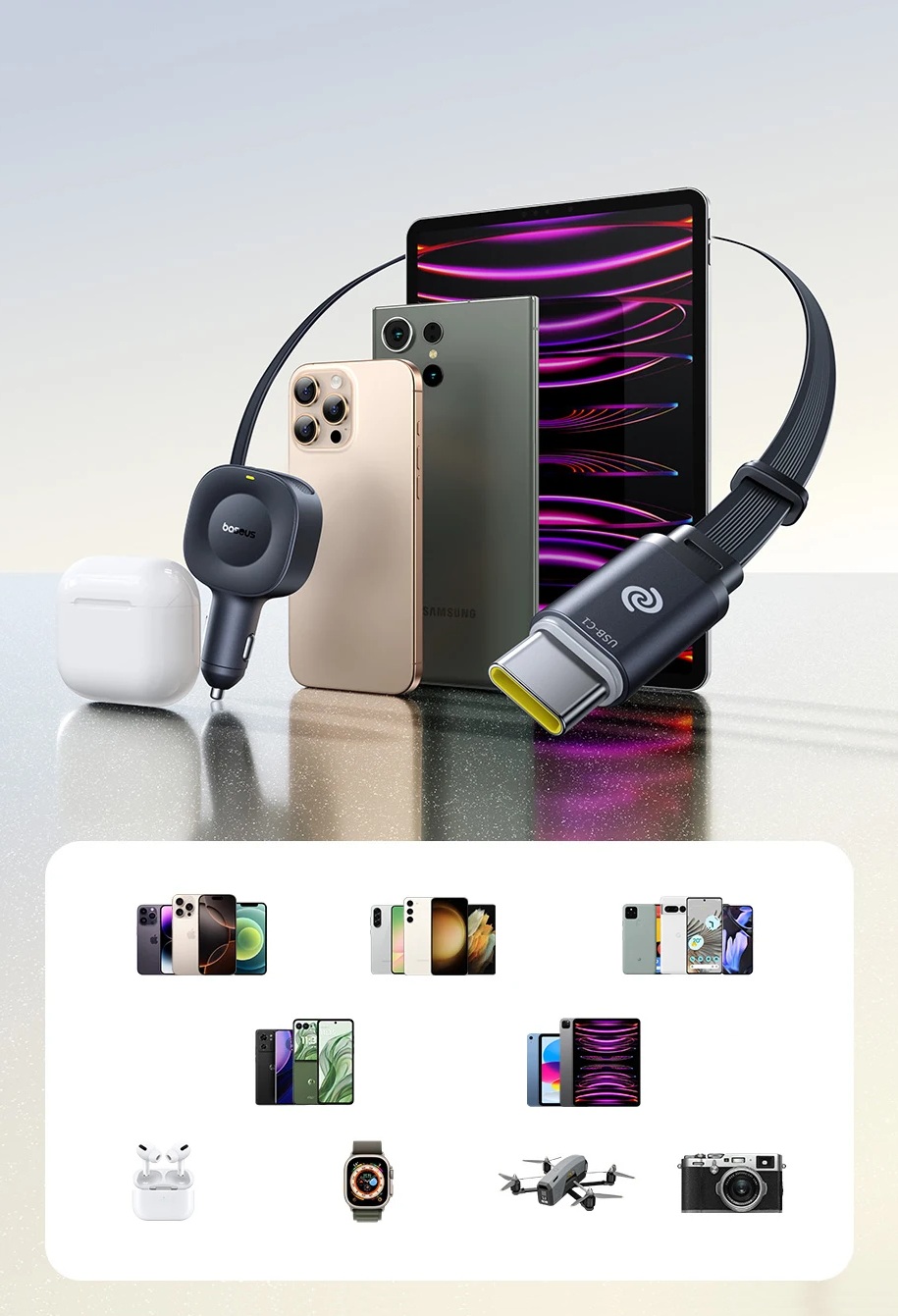 Autonabíječka 2x30W se zatahovacím USB-C kabelem pro rychlé nabíjení telefonů