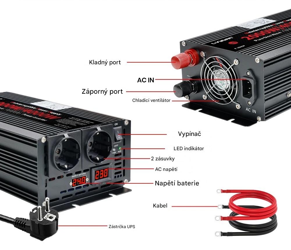 Měnič napětí z 12/230V 2000W, integrovaný displej s měřením napětí 12V a 230V, záložní zdroj UPS s čistou sinusoidou