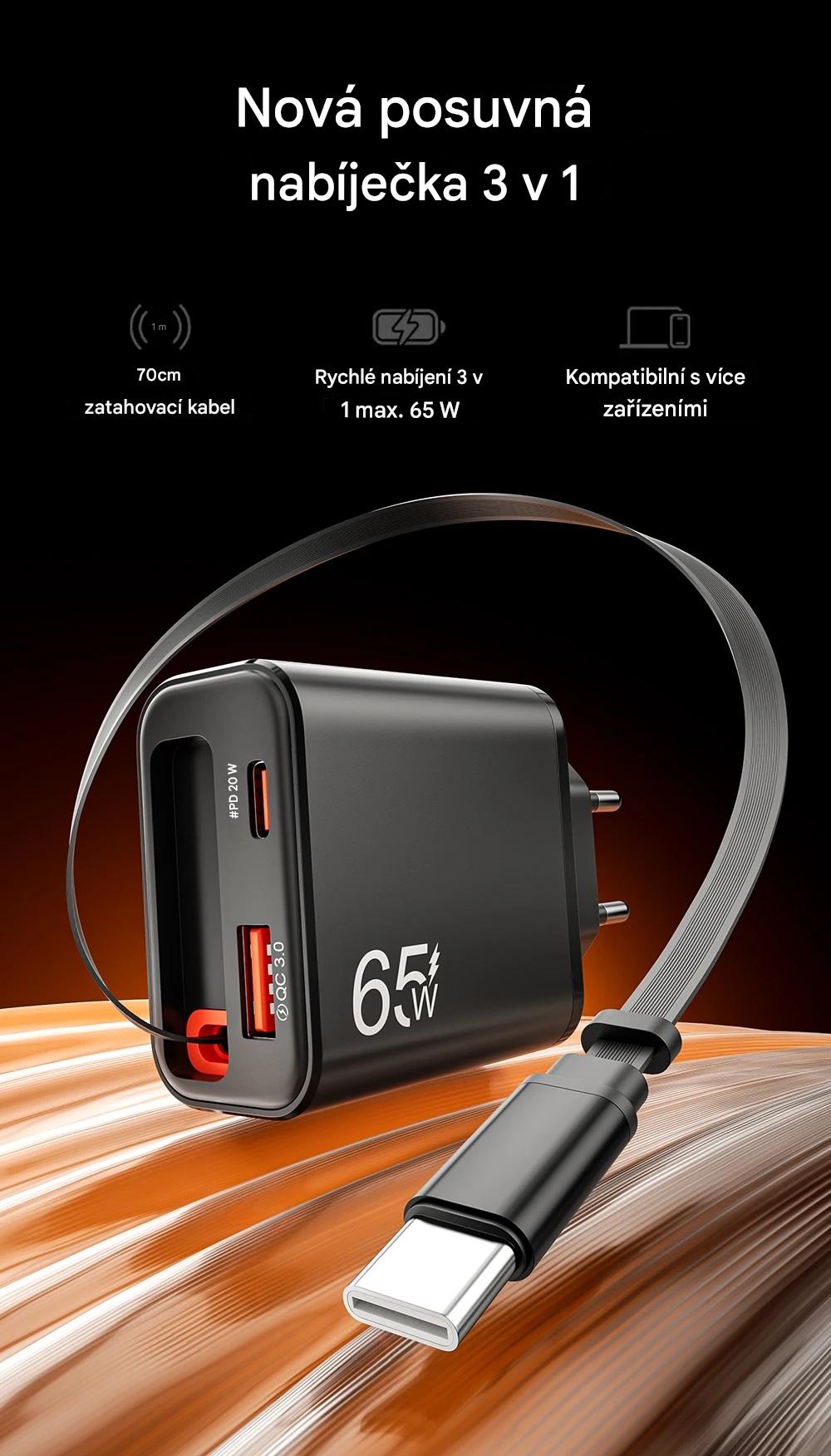 Rychlonabíječka 3-v-1 se zatahovacím kabelem 65W USB-C a USB-A černá