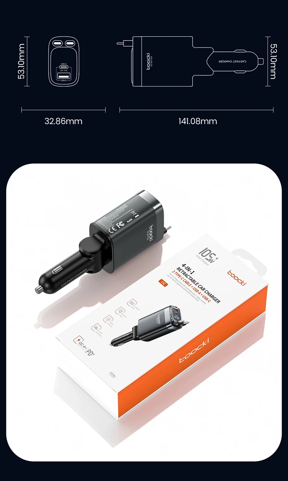 Autonabíječka 2x30W se zatahovacím USB-C kabelem pro rychlé nabíjení telefonů