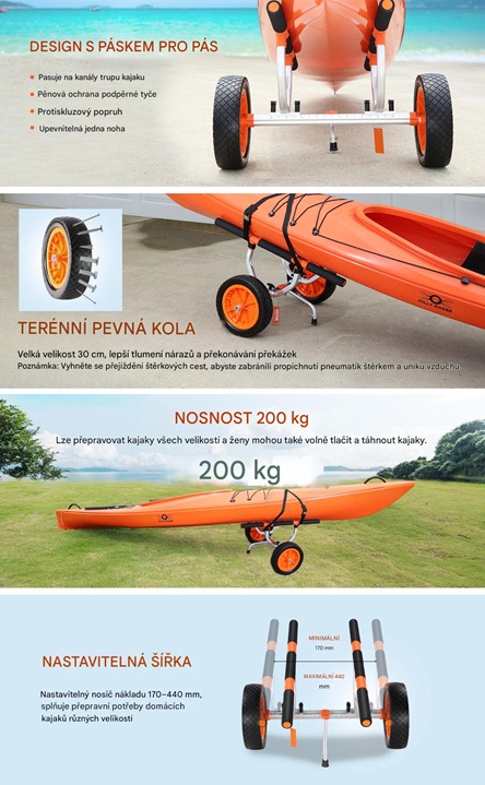 Profesionální vozík na kajak a pramice – nosnost 204 kg, terénní 12" kola