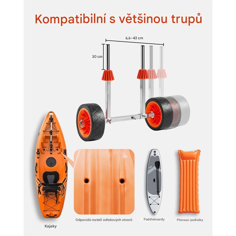 Transportní vozík pro kajaky a paddleboardy z nerezové oceli 304 s nastavitelnou roztečí a nosností 113 kg