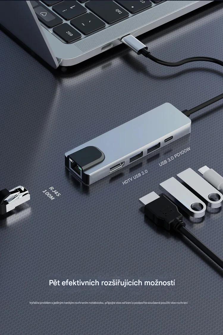 Kompaktní USB-C Hub 5-v-1 s RJ45 Ethernetem a 4K HDMI