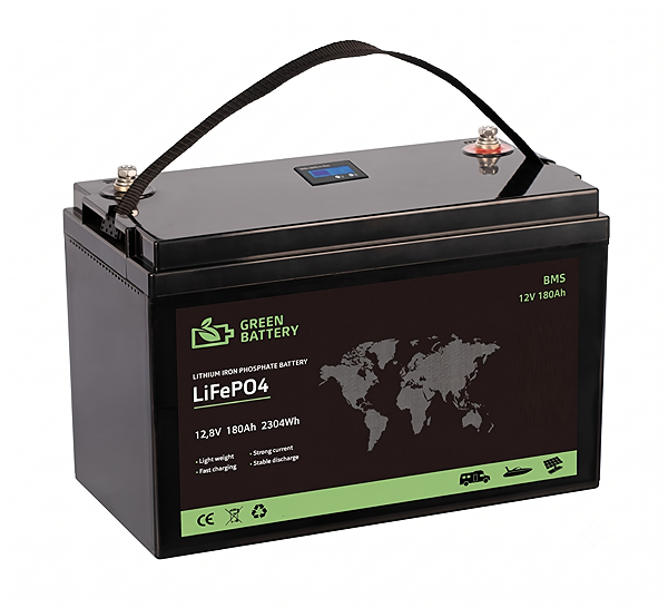 Baterie LiFePO4 12,8V 180Ah, 2300Wh, BMS, Lithium-železo-fosfátová baterie s displejem s nabíječkou 10A