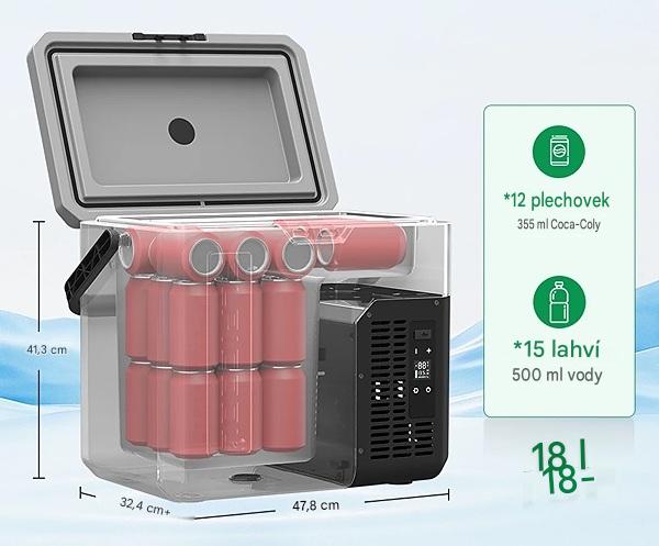 Autochladnička Alpicool kompresorová, autolednice, objem 18l, napájení 12V, 24V nebo 230V, LCD displej, bluetooth aplikace
