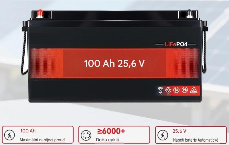 Baterie LiFePO4 25,6V (24V) 100Ah, 2560Wh, Lithium-železo-fosfátová baterie, BMS, délka 485mm, včetně nabíječky 5A