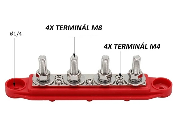 Propojovací terminál 4xM8 a 4x M4 silová sběrnice (Bus Bar) 250 A / 48 V – rozvodný blok z pocínované mědi - červený