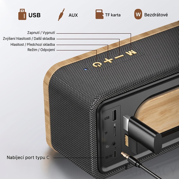 Bezdrátový reproduktor EPPE s výkonem 50W, barva přírodní bambus, podpora bezdrátového Bluetooth, linkového vstupu AUX 3,5 mm, USB portu i slotu na TF karty