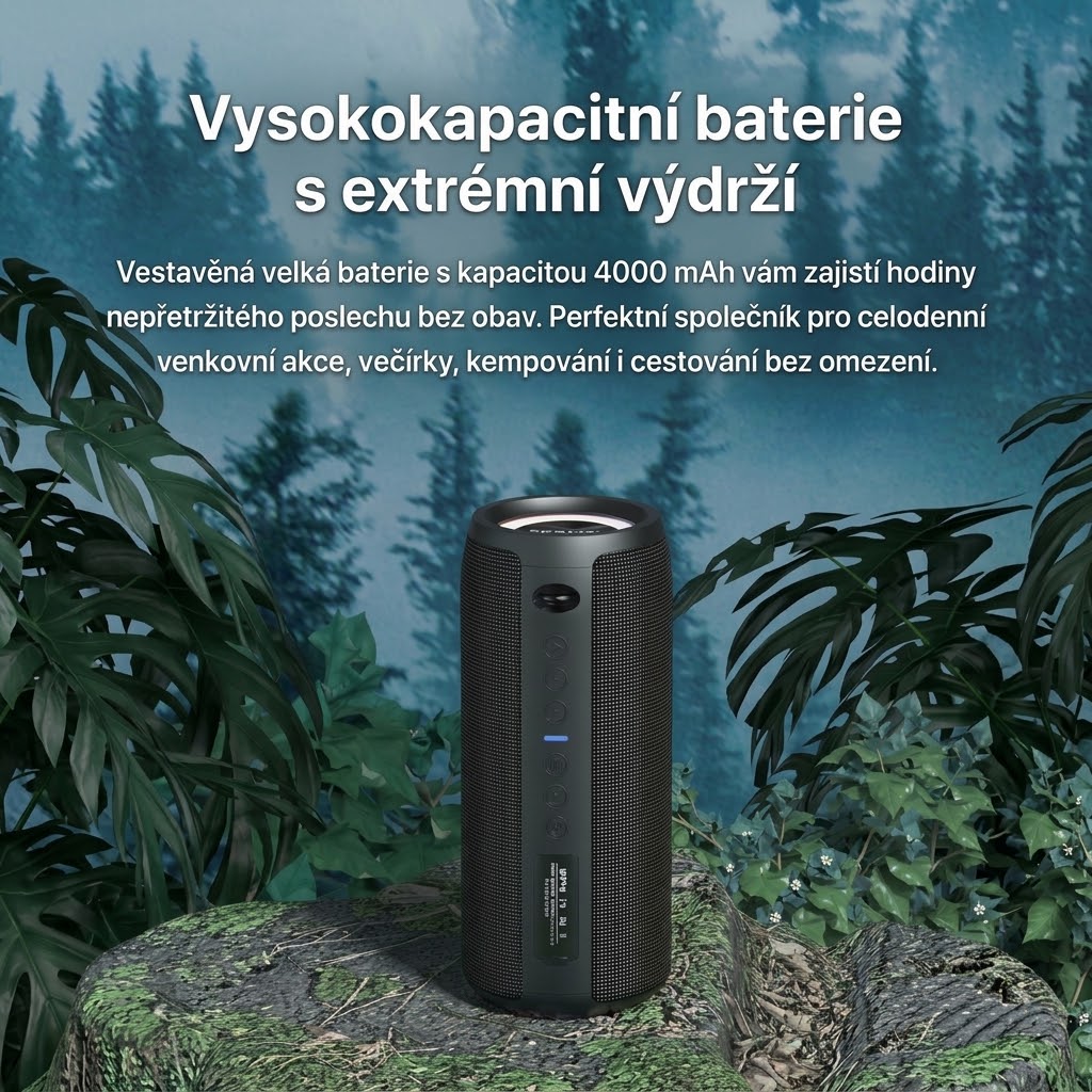 Bezdrátový reproduktor ZEO s výkonem 40W, barva černá, podpora bezdrátového Bluetooth, linkového vstupu AUX 3,5 mm, USB portu i slotu na TF karty, kapacita baterie 4000 mAh, IPX7