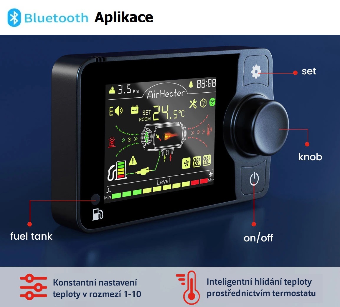 XL-AIRD V36 Nezávislé topení 8kW - přenosné, černý vylepšený LCD ovladač s Bluetooth, 1 výduch, 12V nebo 24V atomatická volba