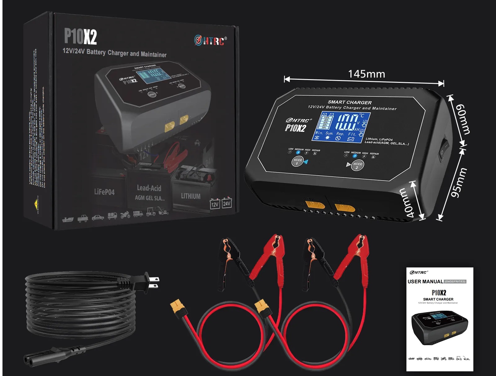 Nabíječka duální s mikroprocesorem 2x10A 12V nebo 24V (2x5A) PB/GEL/AGM/LiFePO4 LCD displej