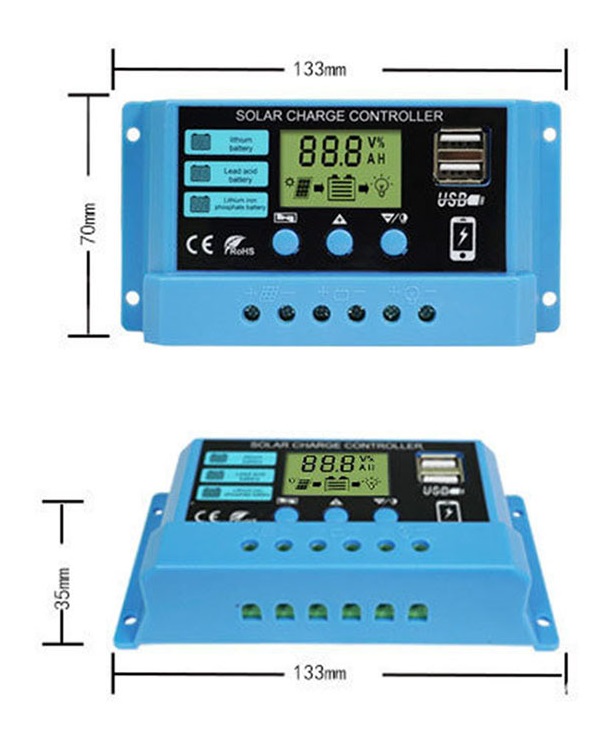 Solární regulátor PWM 30A, LCD display, 2x výstup USB, pro LiFePO4, li-ion a olověné baterie, pro baterie 12V nebo 24V