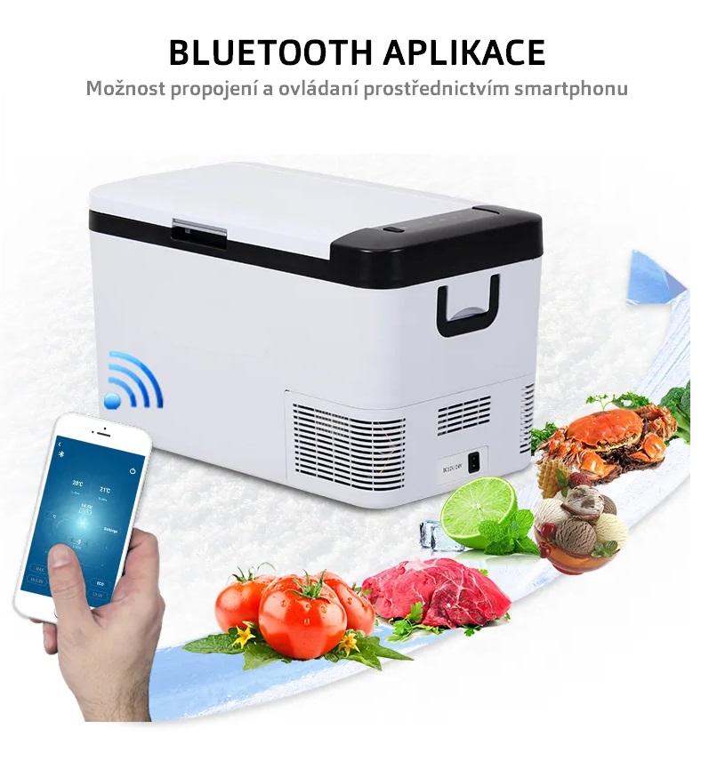 Autochladnička kompresorová, autolednice, objem 25l, napájení 12V, 24V nebo 230V, LCD displej, bluetooth aplikace