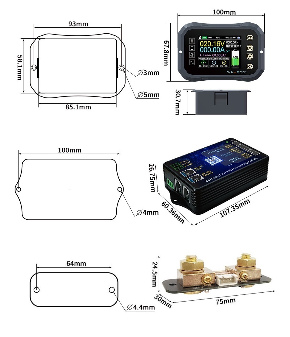 JT Sledovač stavu baterie a odpojovač pro baterie s napětím od 9 do 120V, proudová zátěž max. 100A, barevný  displej, bluetooth aplikace, barva černá