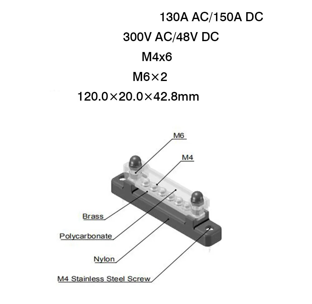 Propojovací termínál 2xM6 6xM4 do 150A 48V/DC a 300V/AC