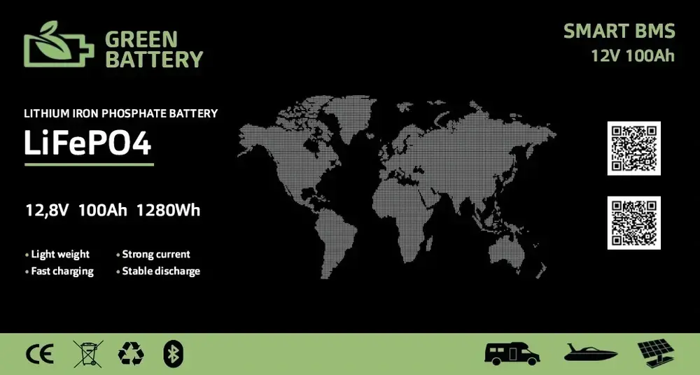 Baterie LiFePO4 12,8V 100Ah, 1280Wh, bluetooth smart BMS, včetně nabíječky 7A, Lithium-železo-fosfátová baterie