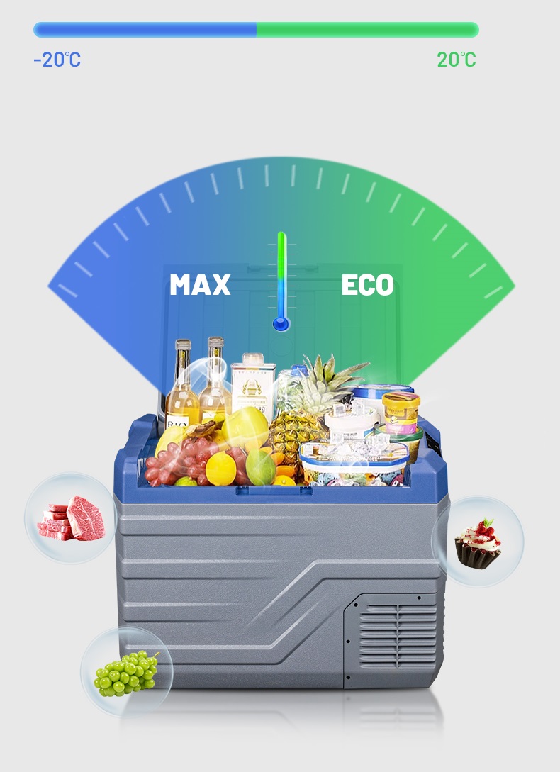 Autochladnička kompresorová, autolednice, objem 30l, napájení 12V, 24V nebo 230V, LCD displej, bluetooth aplikace, šedo-modrá