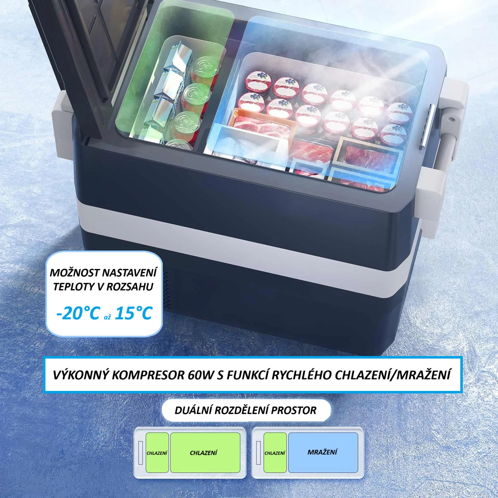 Autochladnička kompresorová, autolednice, objem 40l, napájení 12V, 24V nebo 230V, LCD displej, bluetooth aplikace, vnitřní osvětlení
