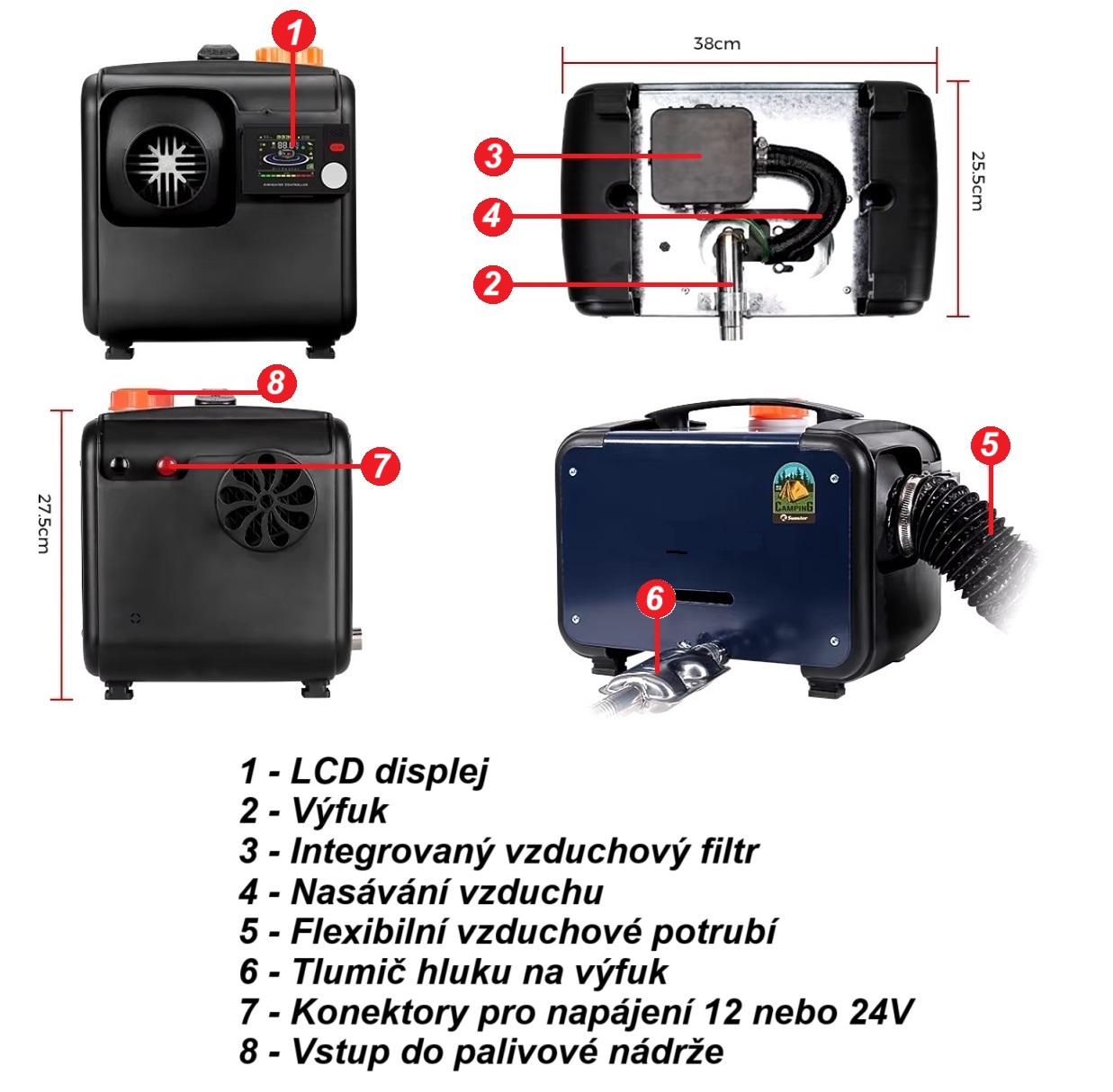 XL-AIRD V39 Nezávislé topení 8kW - přenosné, černý LCD ovladač, 1 výduch, tiché čerpadlo, bluetooth aplikace