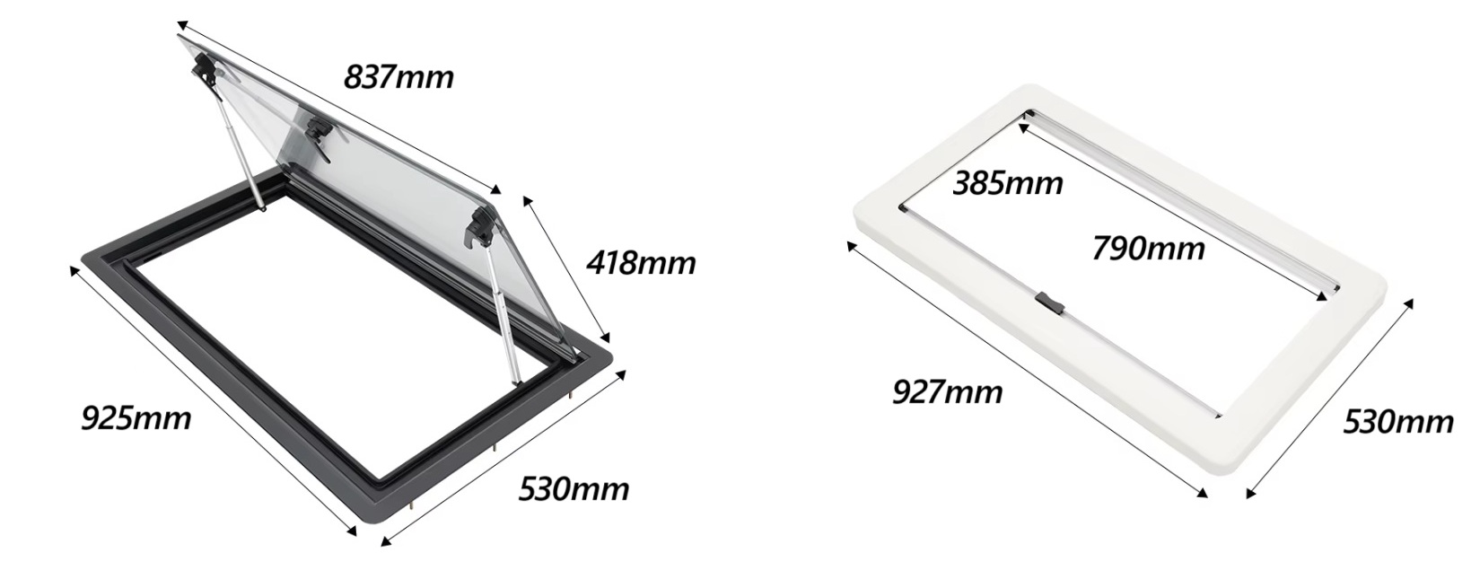 RV Camper Boční okno akrylové s výklopným systémem, roletka, moskytiéra a vnitřní rámeček, vnější barva černá, rozměr 900x500mm