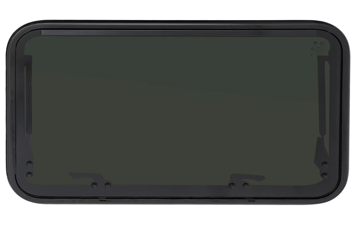 RV Camper Boční okno s tvrzeným sklem s výklopným systémem, zaoblené, roletka, moskytiéra a vnitřní rámeček, vnější barva černá, rozměr 800x500mm