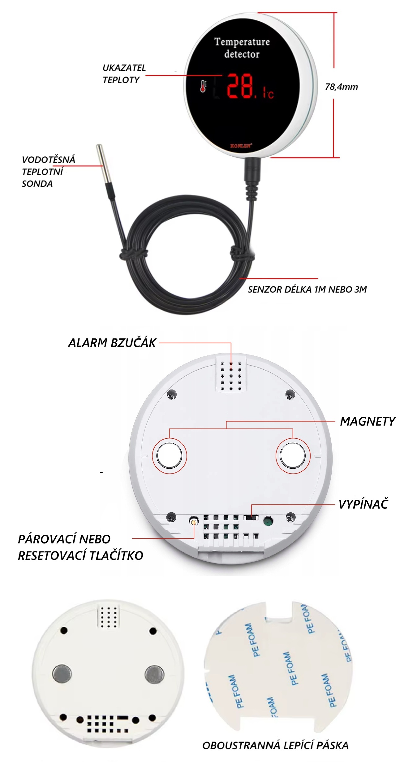  Wifi smart teplotní senzor s digitálním displejem a vzdáleným kabelovým senzorem 1m, rozsah měření -40°C - 120°C, zpětná vazba pro nezávislé topení