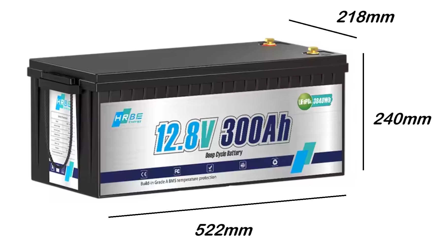 Baterie LiFePO4 12,8V 300Ah, 3840Wh, BMS, Lithium-železo-fosfátová baterie, délka 522mm, nabíječka 7A součástí balení
