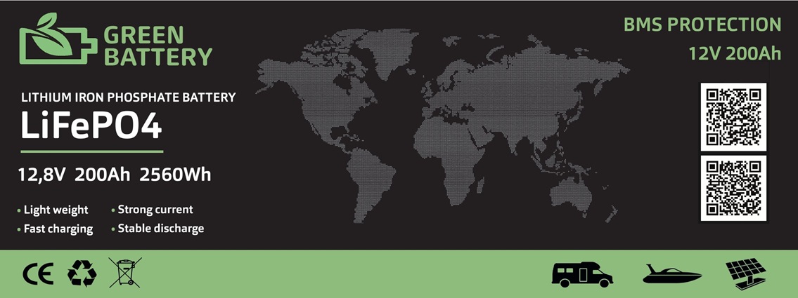 Baterie LiFePO4 12,8V 200Ah, 2560Wh,  bluetooth smart BMS, Lithium-železo-fosfátová baterie, integrovaný ukazatel stavu baterie
