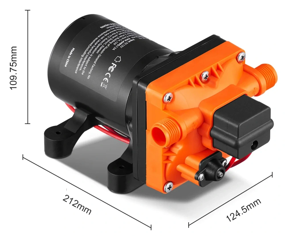Tlakové membránové čerpadlo 11,3l/min, tlak 55PSI (3,8bar), napájení 12V, orange