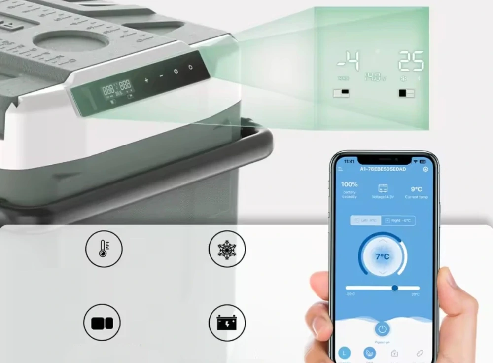 Autochladnička kompresorová Alpicool, dvouzonová autolednice, objem 40l, napájení 12V, 24V nebo 230V, LCD displej, Bluetooth aplikace