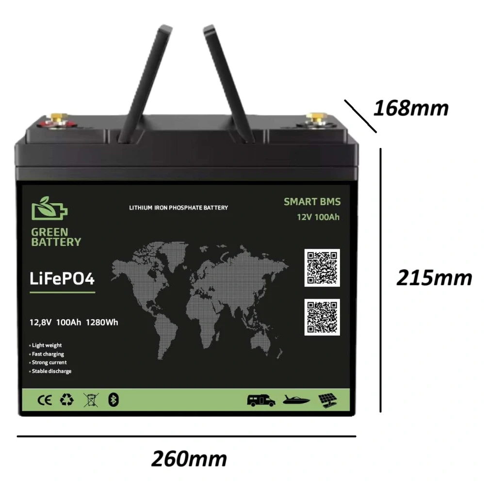 Baterie LiFePO4 12,8V 100Ah, 1280Wh, bluetooth smart BMS, Lithium-železo-fosfátová baterie, délka 260mm, compact