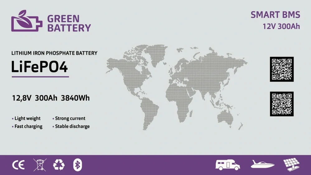 Baterie LiFePO4 12,8V 300Ah, 3840Wh, smart BMS, Lithium-železo-fosfátová baterie, BMS 200A