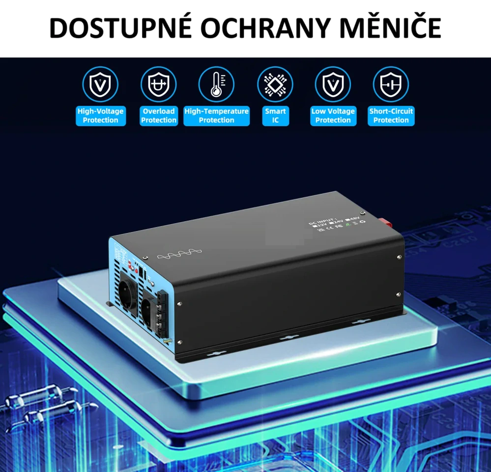 Měnič napětí z 24/230V 4000W, porty USB, PD 30W,  vzdálený kontrolní panel, čistý sinus