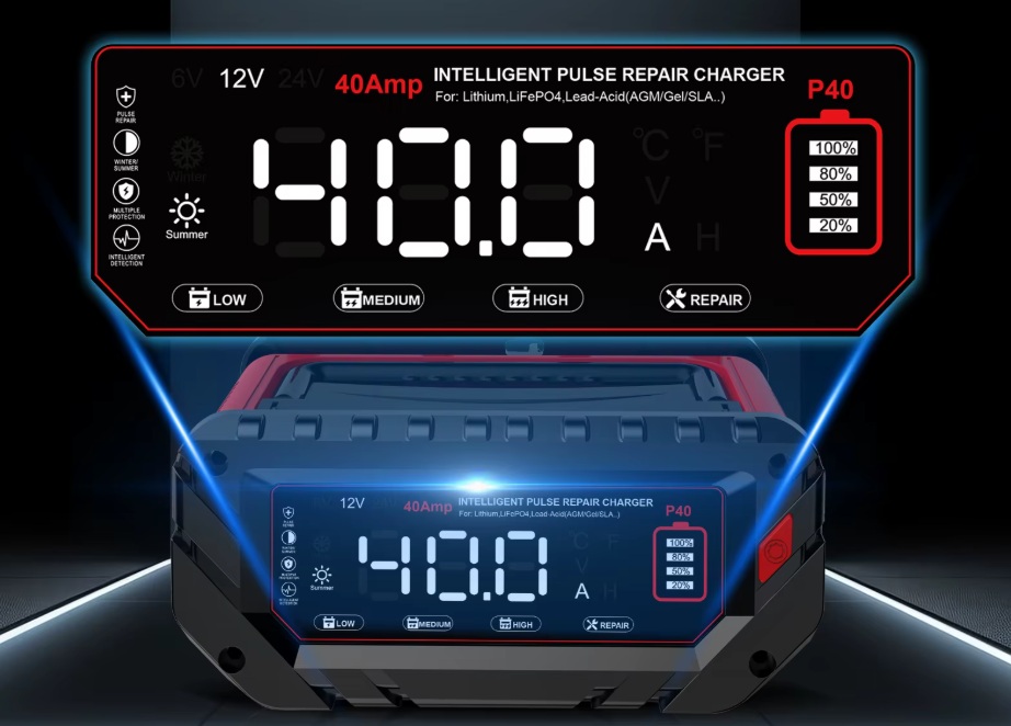 Nabíječka mikroprocesor 40A 12V, 24V (20A), 6V (10) PB/GEL/AGM/LiFePO4 LCD displej